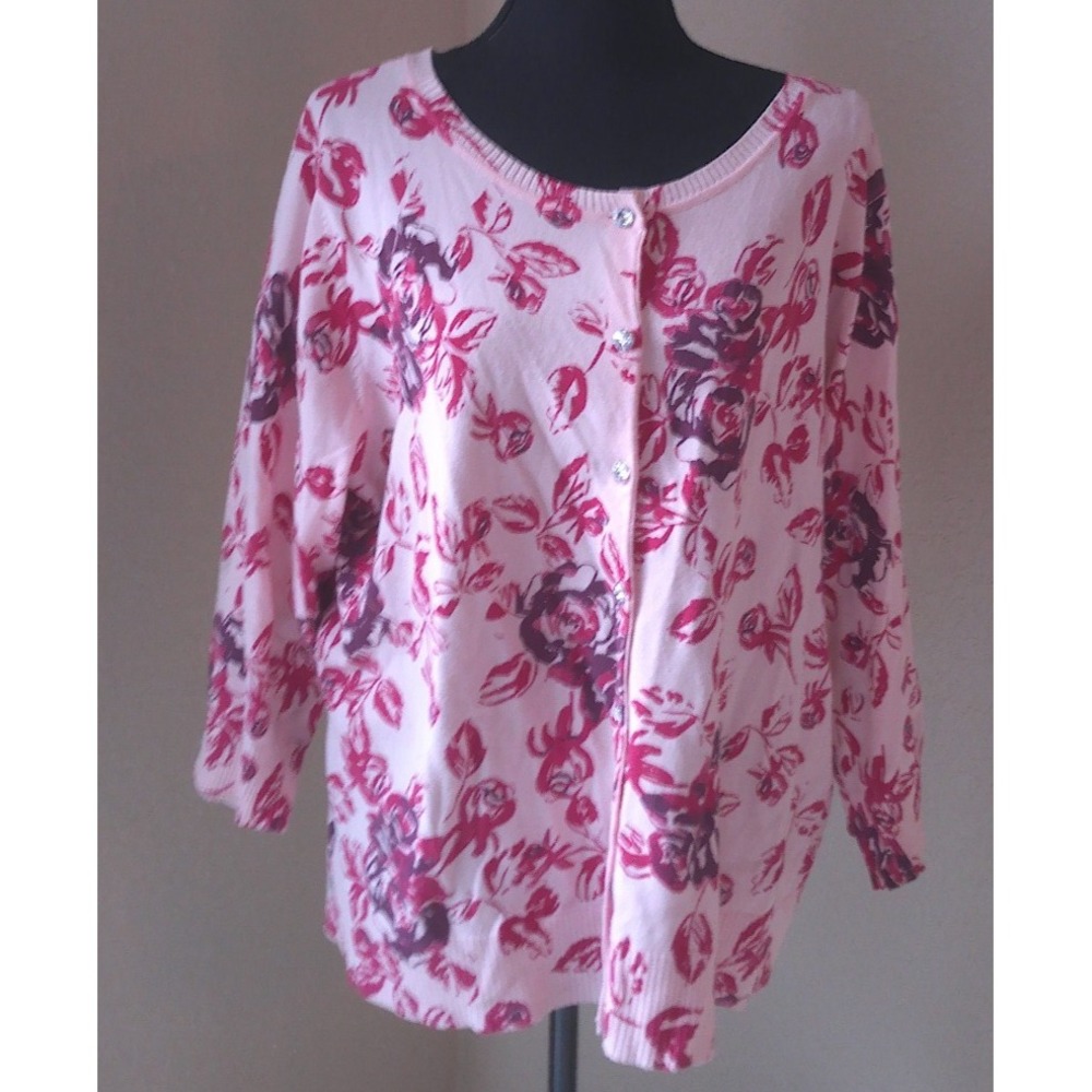 FIRST ISSUE WOMENS PINK FLORAL CARDIAGN SWEATER SIZE 2